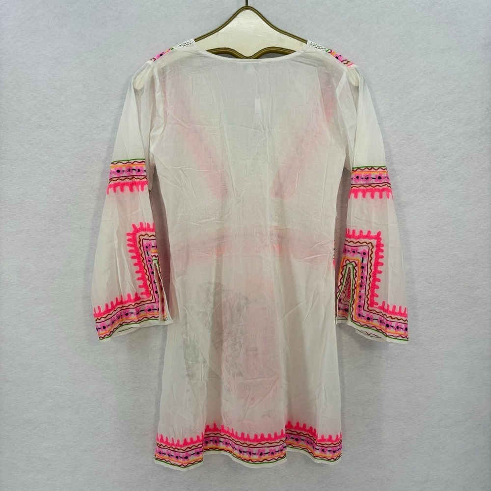Debbie Katz Cover Up Mini Dress XS White Pink Summer Boho Beach Vacation - Picture 3 of 14